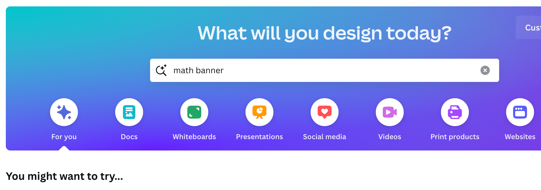 Canva landing page menu with various design options